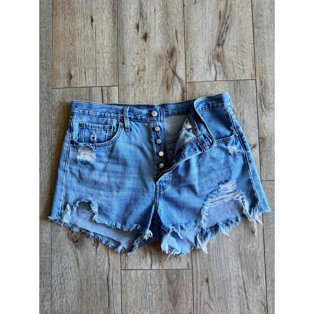 LEVI'S 501 Originals Button Fly Blue Denim Distressed Cut Off Shorts Size 33